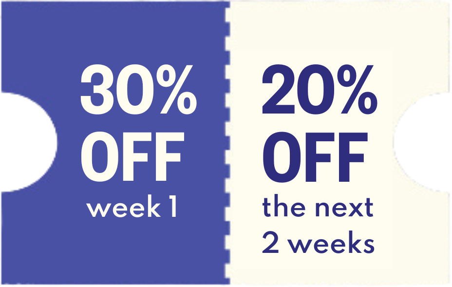 Promotional offer with 30% off for week 1 and 20% off for the next 2 weeks on a green background.