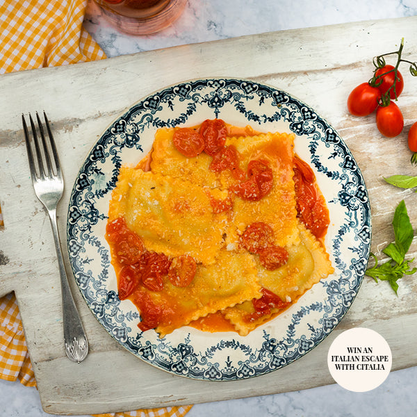 Aubergine, ricotta & basil ravioli with datterino tomato sauce