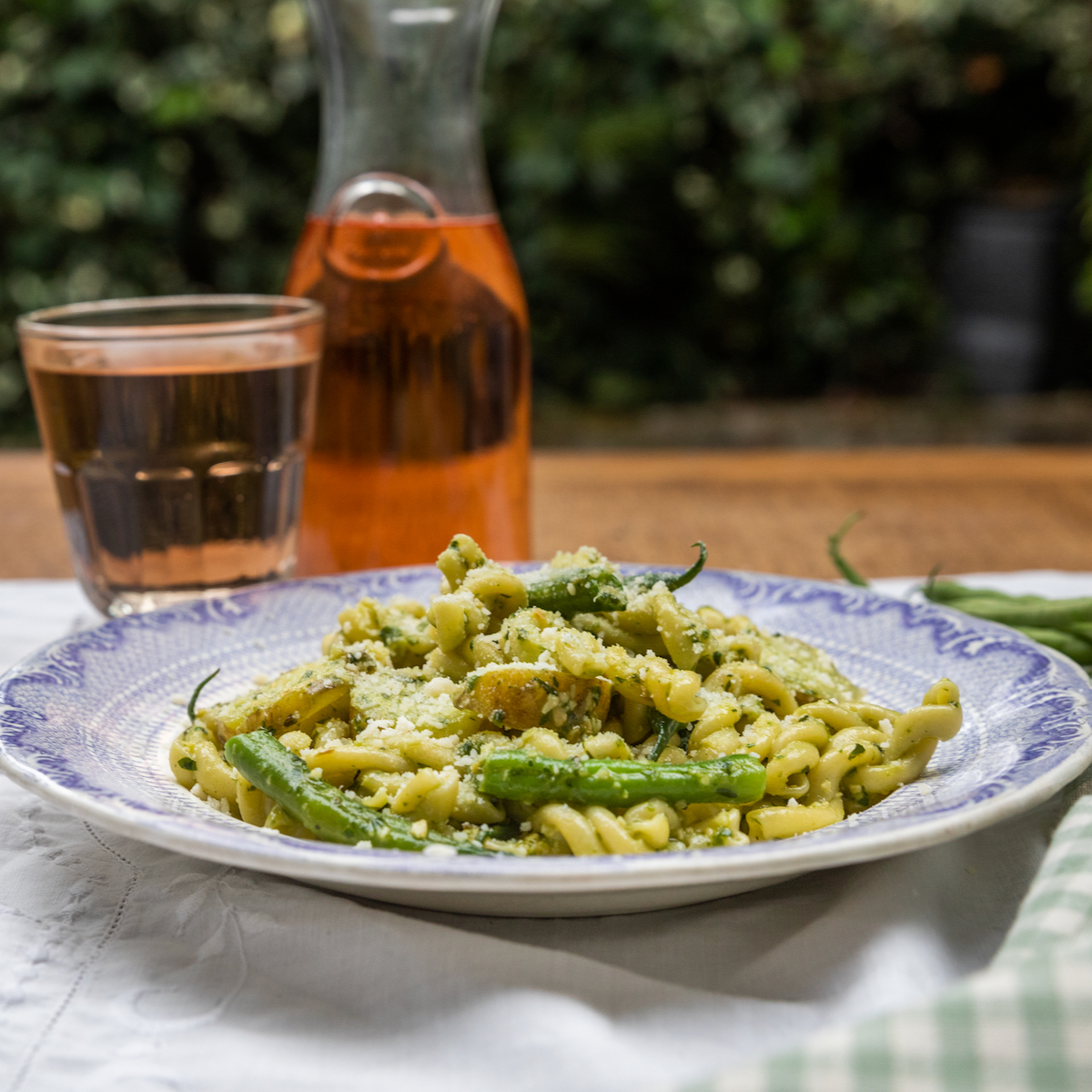 Gemilli with pesto Genovese, Jersey royals & green beans