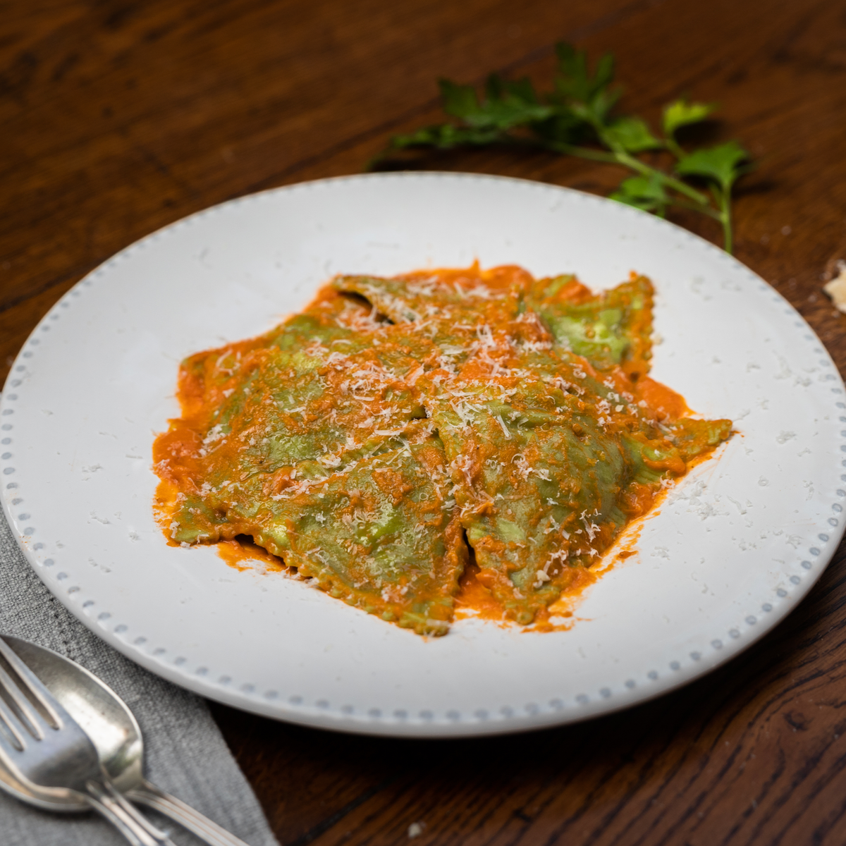 Spinach & ricotta pansotti with Emilian tomato sauce