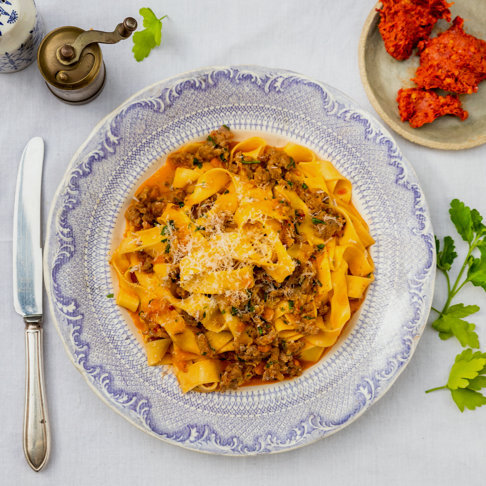 Pappardelle with pork shoulder, nduja & parsley