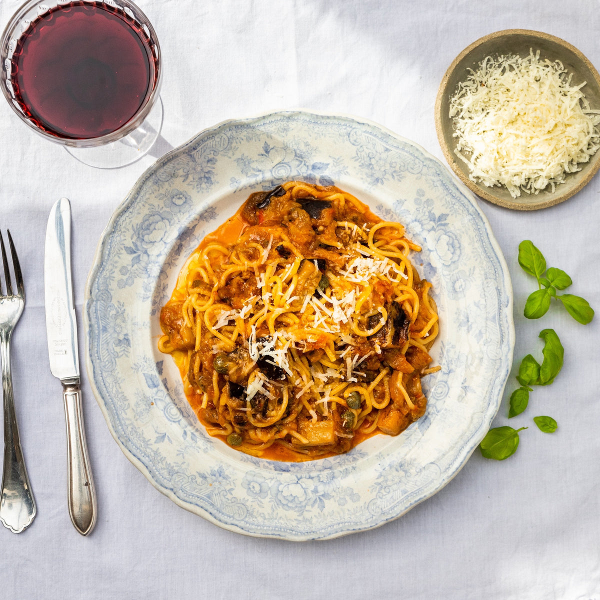 Spaghetti alla norma with salted ricotta