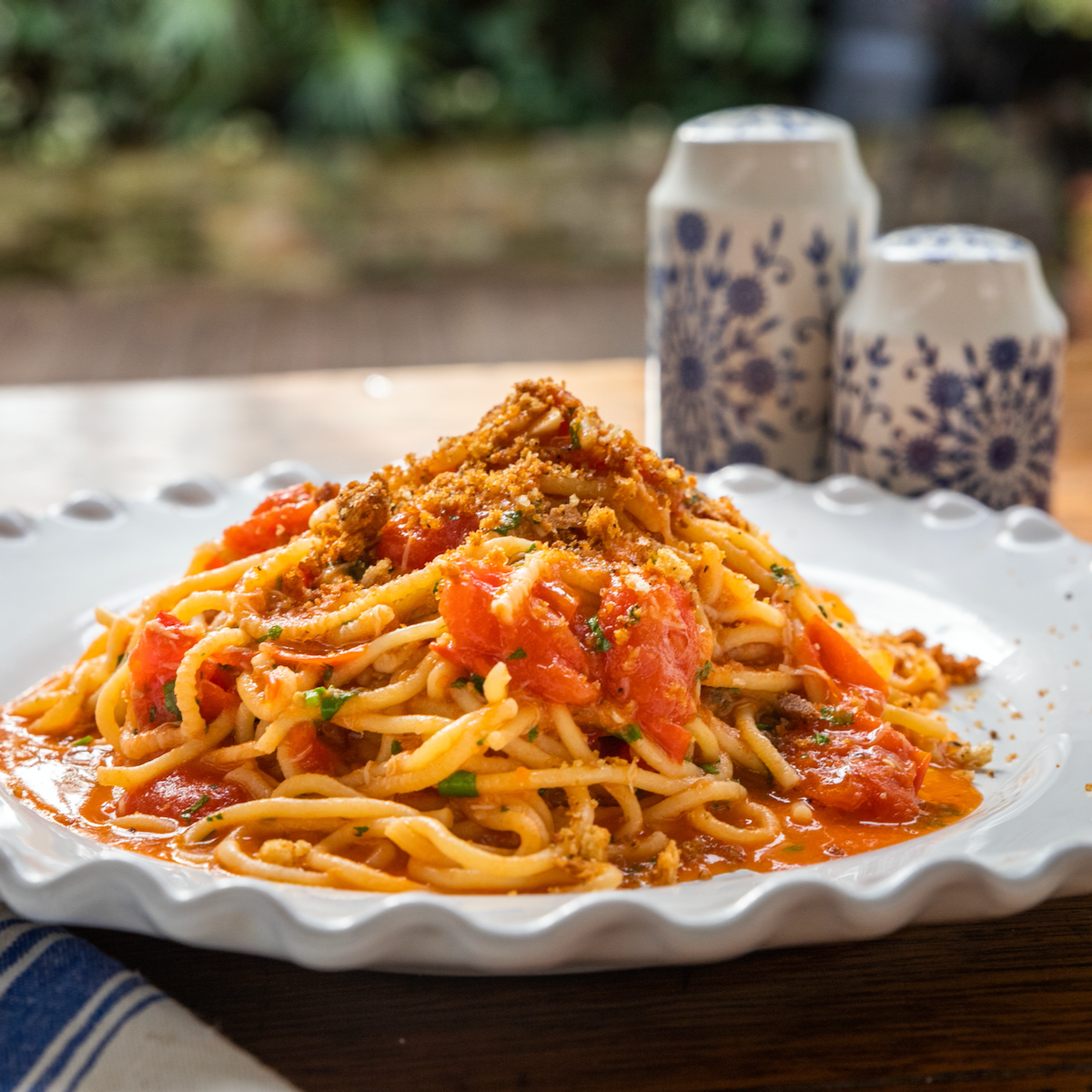 Spaghetti with crab, datterino tomatoes & lemon pangrattato