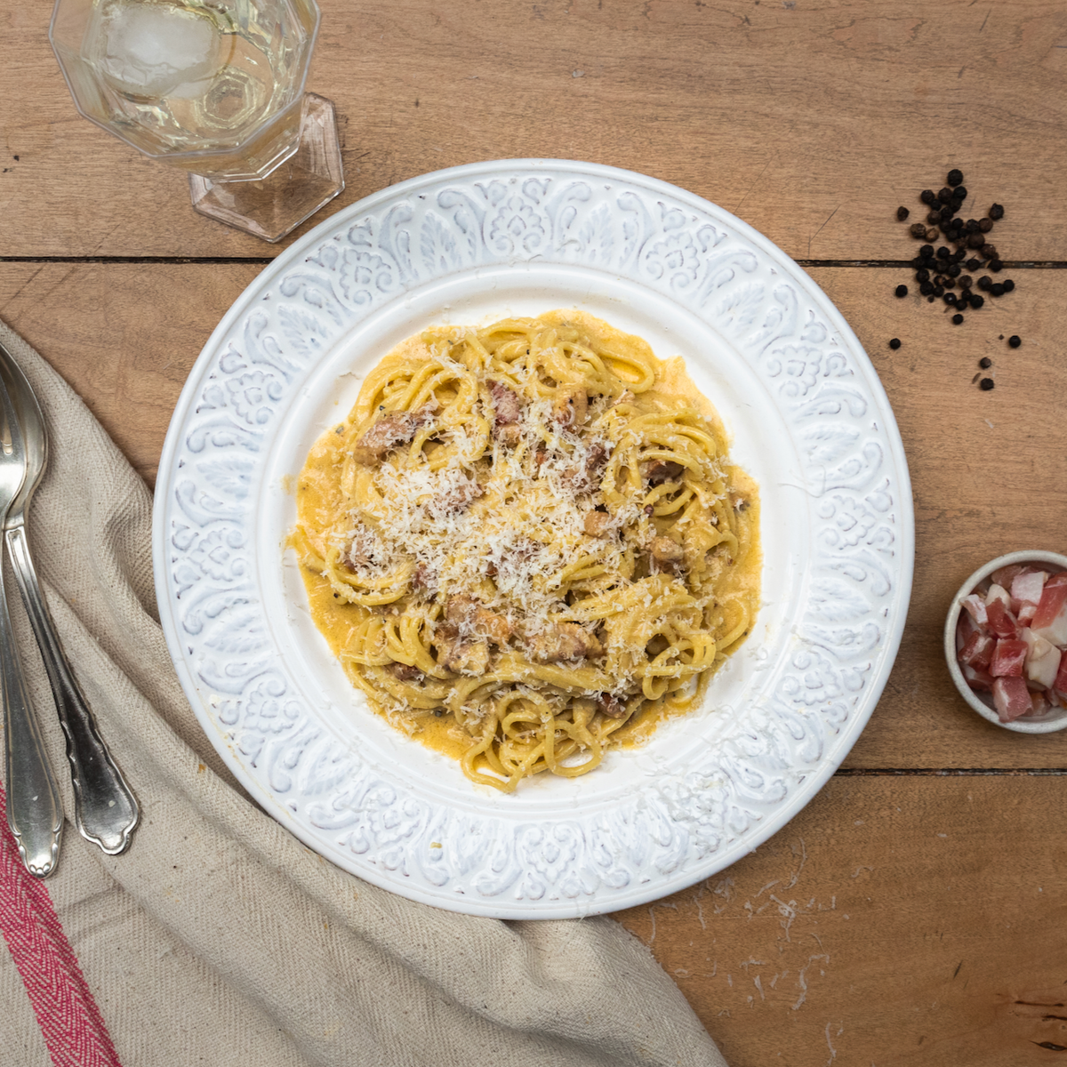 Spaghetti with smoked lardons, white wine & caramelised shallot