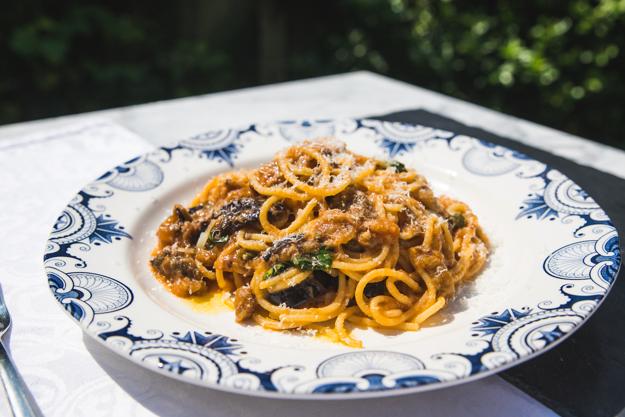 spaghetti alla norma with salted ricotta