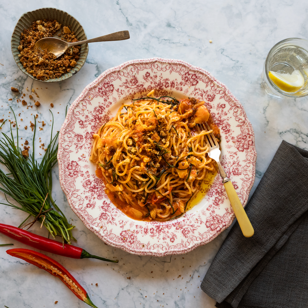 Spaghetti with monkfish, agretti, pangrattato & parsley oil