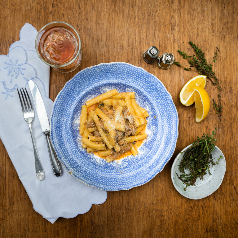 Tortiglioni with pork shoulder braised in milk, lemon & rosemary with pecorino Romano